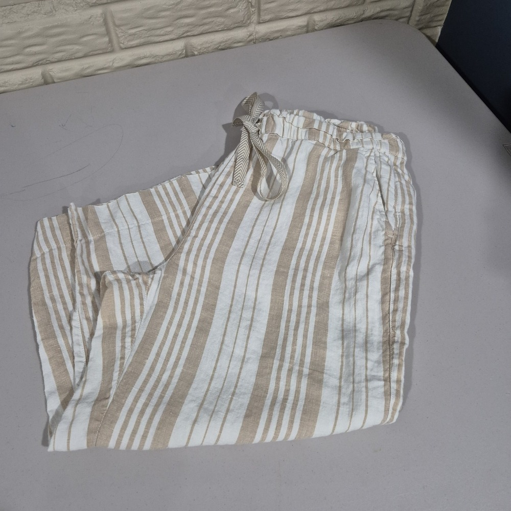 Chicos Pants Womens 1 US 8 Tan Stripe Linen Pull On Crop Beach Coastal Lagenlook